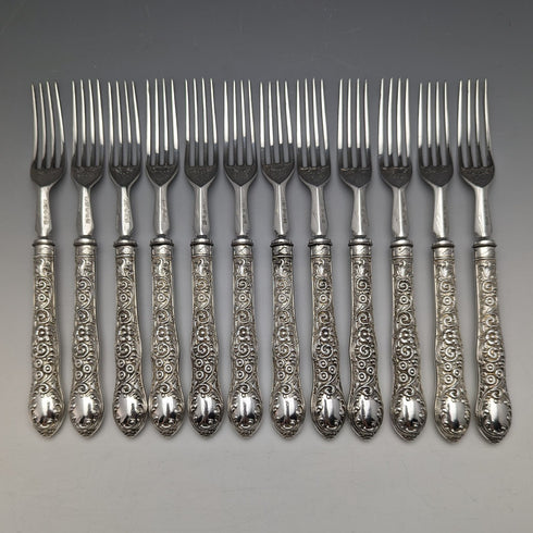 1878年頃 英国アンティーク シルバープレート製カトラリー ナイフ11&フォーク12セット 木箱入り William Gallimore