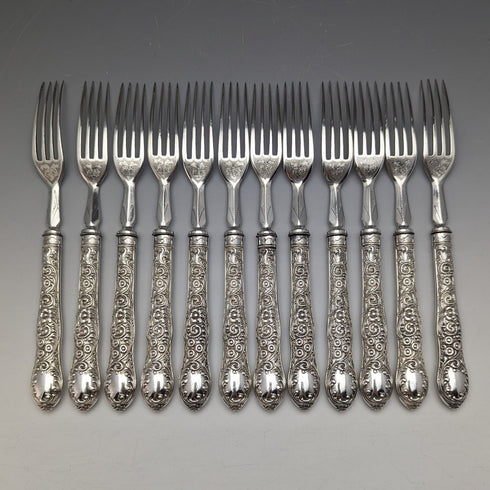 1878年頃 英国アンティーク シルバープレート製カトラリー ナイフ11&フォーク12セット 木箱入り William Gallimore