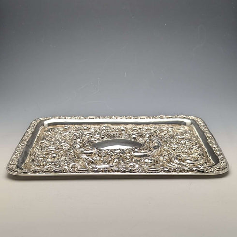 1909年 英国アンティーク 純銀 レリーフ彫刻 ドレッシングテーブルトレイ 354g W.G.Keight