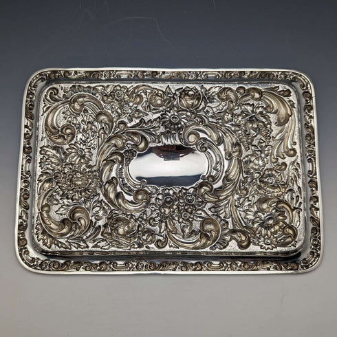 1909年 英国アンティーク 純銀 レリーフ彫刻 ドレッシングテーブルトレイ 354g W.G.Keight