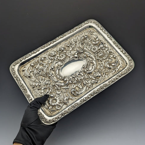 1909 年英國古董純銀浮雕雕刻梳妝台托盤 354 克 WGKeight