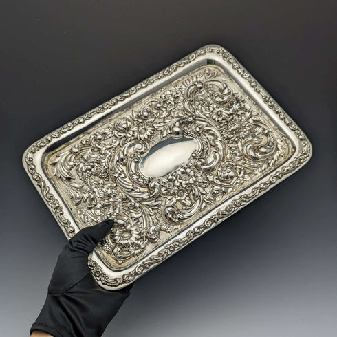 1909年 英国アンティーク 純銀 レリーフ彫刻 ドレッシングテーブルトレイ 354g W.G.Keight