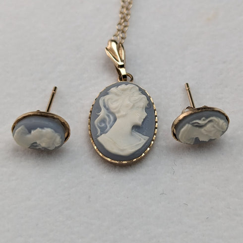 英国ヴィンテージジュエリー K9ゴールド&カメオ ペンダント ネックレス ピアスセット
