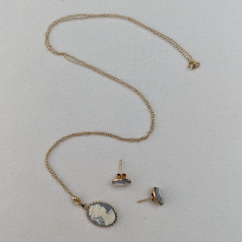 英国ヴィンテージジュエリー K9ゴールド&カメオ ペンダント ネックレス ピアスセット