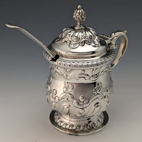 1905 British Antique Sterling Silver & Bluegrass Mustard Pot & Spoon Harrison Brothers
