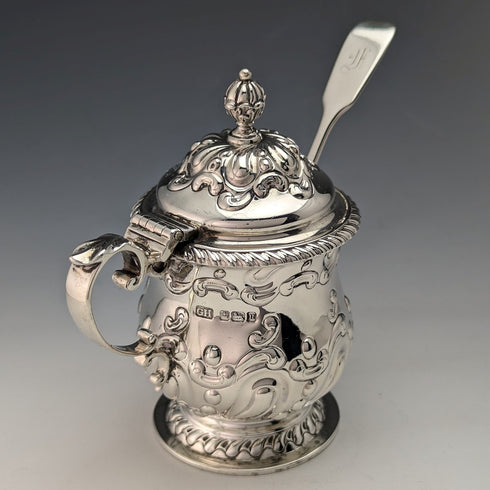 1905 British Antique Sterling Silver & Bluegrass Mustard Pot & Spoon Harrison Brothers