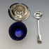 1905 British Antique Sterling Silver & Bluegrass Mustard Pot & Spoon Harrison Brothers