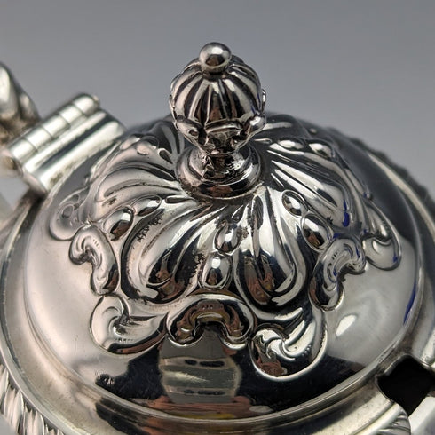 1905 British Antique Sterling Silver & Bluegrass Mustard Pot & Spoon Harrison Brothers