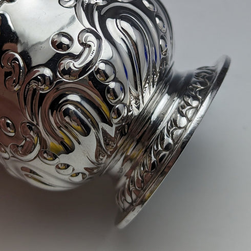 1905 British Antique Sterling Silver & Bluegrass Mustard Pot & Spoon Harrison Brothers