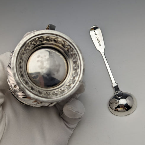 1905 British Antique Sterling Silver & Bluegrass Mustard Pot & Spoon Harrison Brothers