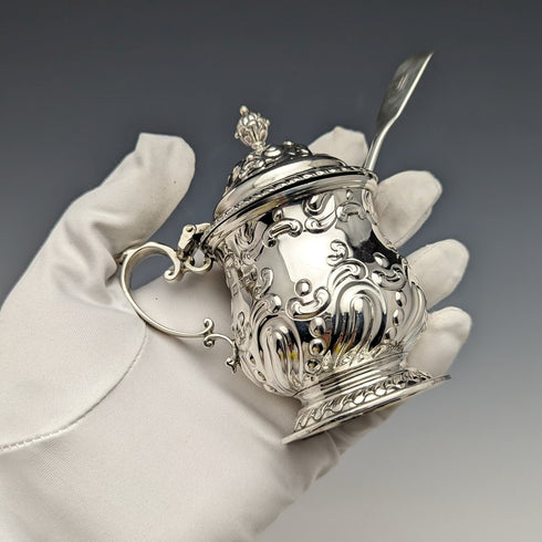 1905 British Antique Sterling Silver & Bluegrass Mustard Pot & Spoon Harrison Brothers
