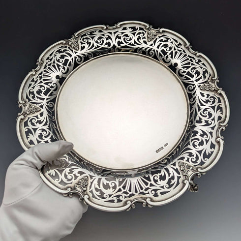1905年 英国アンティーク 純銀製 ピアス装飾サルヴァ 直径26cm 484g William Mammatt