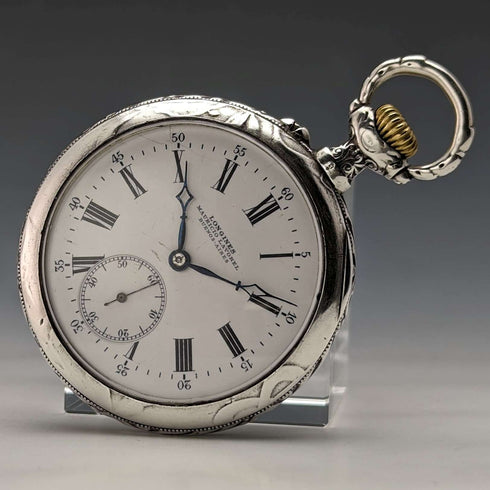 1904年頃 アンティーク ロンジン 懐中時計 馬彫刻 銀側オープンフェース 動作良好