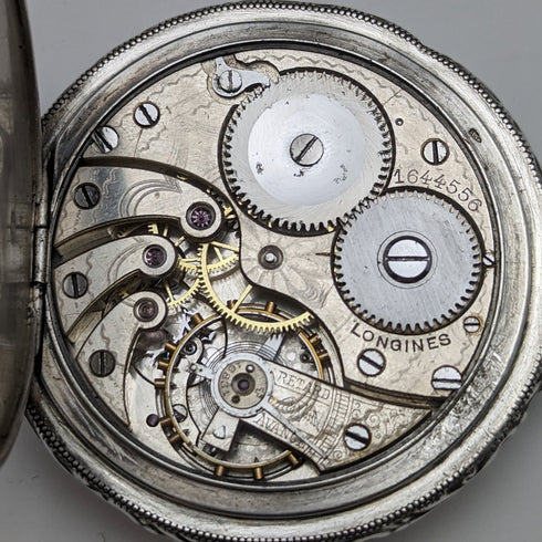 Around 1904 Antique Longines pocket watch with horse engraving silver side open face works well
