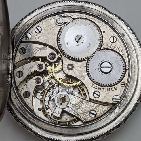 1904年頃 アンティーク ロンジン 懐中時計 馬彫刻 銀側オープンフェース 動作良好