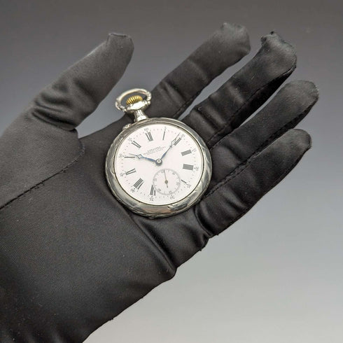 1904年頃 アンティーク ロンジン 懐中時計 馬彫刻 銀側オープンフェース 動作良好