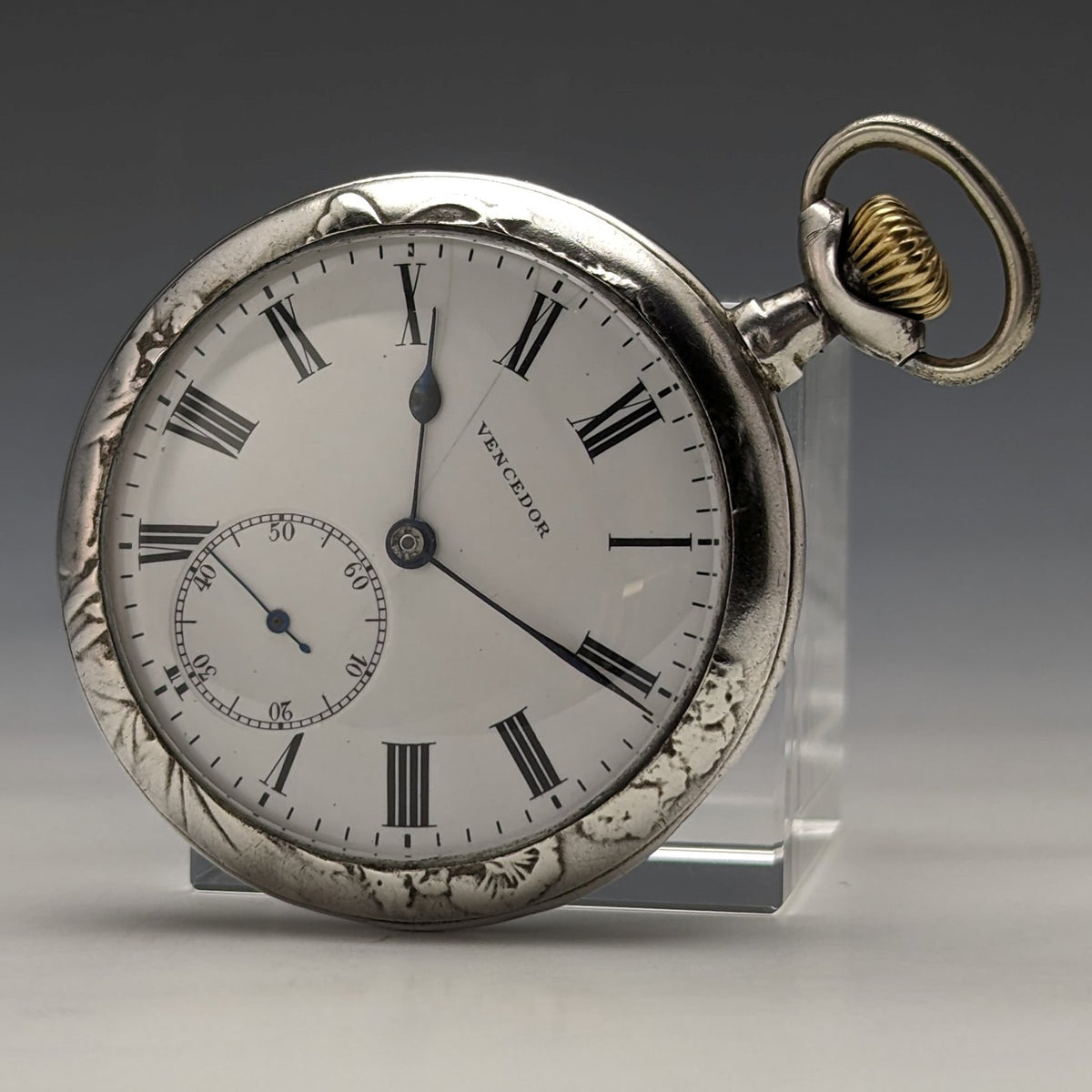 20世紀初頭 アンティーク スイスVencedor 懐中時計 バタフライ彫刻銀側ケース 動作良好