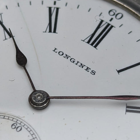 Around 1910 Antique Longines pocket watch Embossed female sculpture Silver side hunter Works well