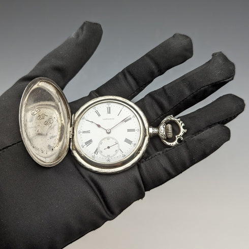 Around 1910 Antique Longines pocket watch Embossed female sculpture Silver side hunter Works well