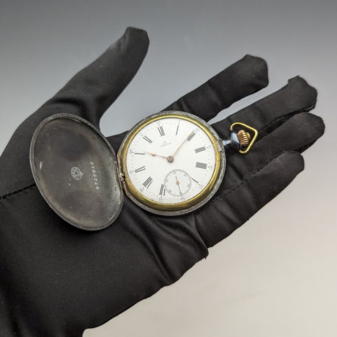 circa 1923 antique omega pocket watch gunmetal hunter case works well