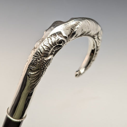 1989 Made in England Fox and Pheasant Decoration Sterling Silver Curved Handle Men's Cane Cane 86cm Broadway & Co