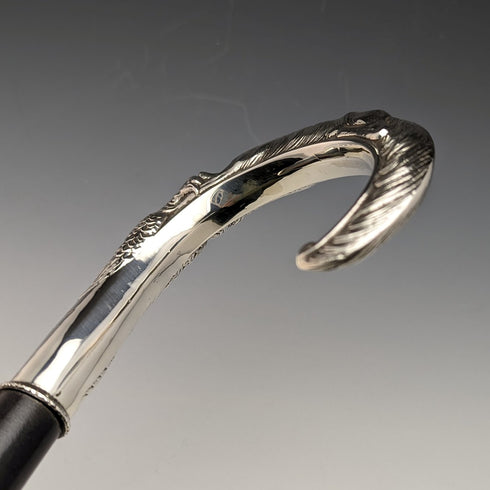 1989 Made in England Fox and Pheasant Decoration Sterling Silver Curved Handle Men's Cane Cane 86cm Broadway & Co