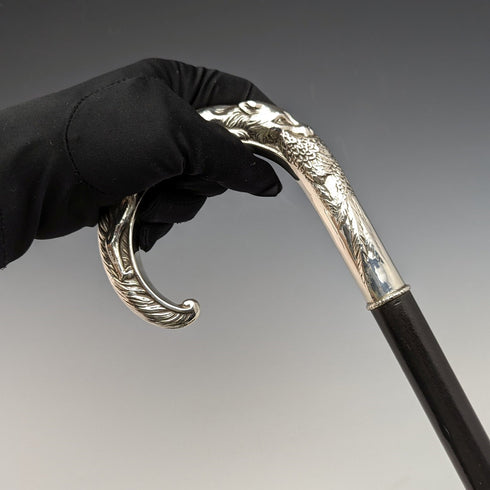 1989 Made in England Fox and Pheasant Decoration Sterling Silver Curved Handle Men's Cane Cane 86cm Broadway & Co