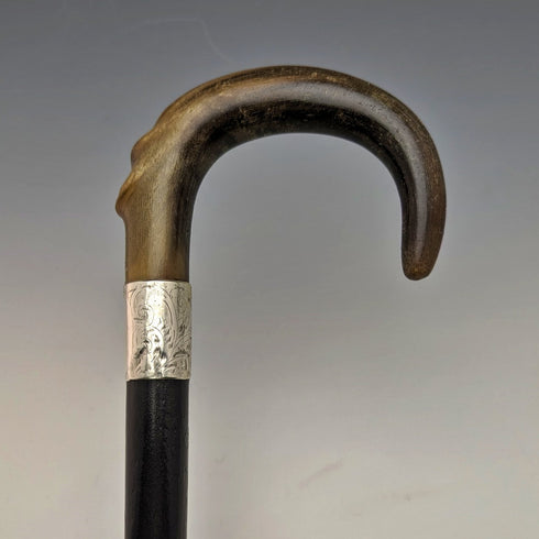1927年 英国ヴィンテージ 紳士用ステッキ 杖 純銀装飾 曲がりホーンハンドル 92cm