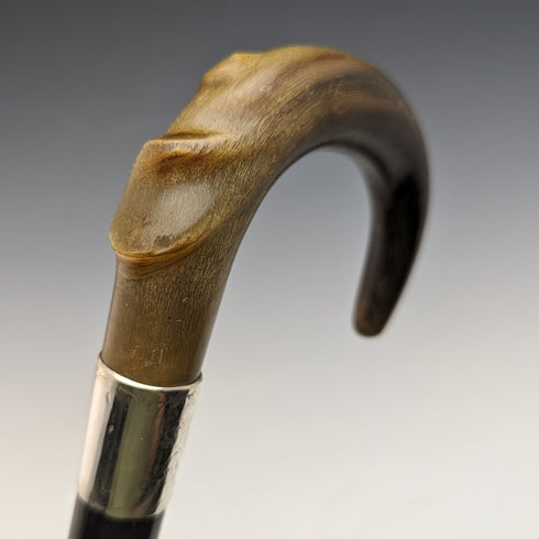 1927 British Vintage Men's Cane Sterling Silver Decoration Curved Horn Handle 92cm