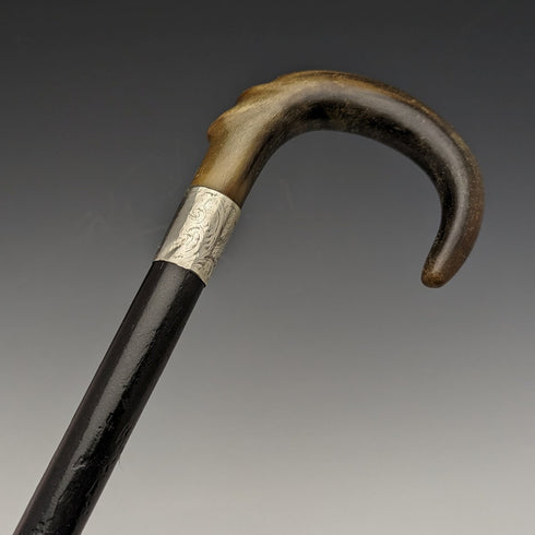 1927 British Vintage Men's Cane Sterling Silver Decoration Curved Horn Handle 92cm