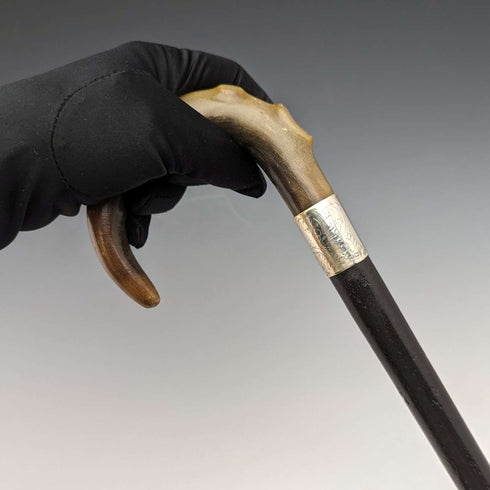 1927年 英国ヴィンテージ 紳士用ステッキ 杖 純銀装飾 曲がりホーンハンドル 92cm