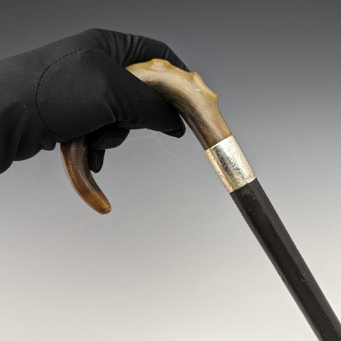 1927 British Vintage Men's Cane Sterling Silver Decoration Curved Horn Handle 92cm