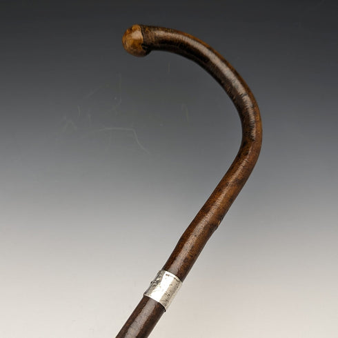 1919年 英国アンティーク 紳士用ステッキ 杖 純銀装飾 曲がりハンドル 88cm