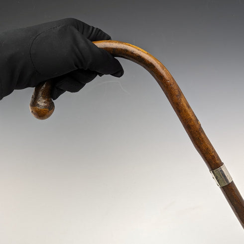 1919年 英国アンティーク 紳士用ステッキ 杖 純銀装飾 曲がりハンドル 88cm