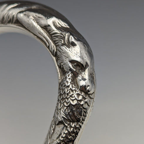 1989 Made in England Fox and Pheasant Decoration Sterling Silver Curved Handle Men's Cane Cane 86cm Broadway & Co