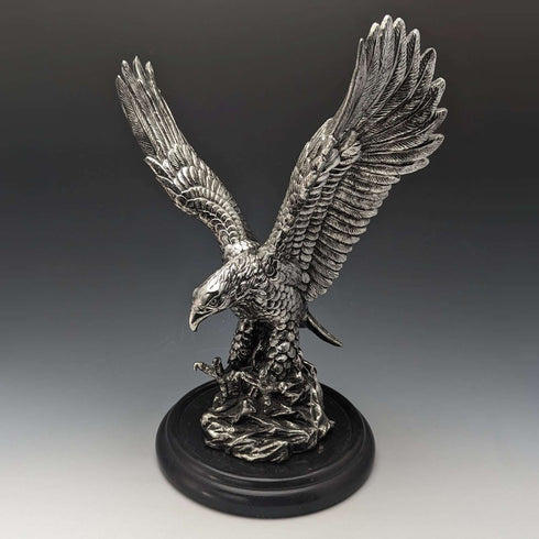 Vintage Silver Color Eagle Figurine Wooden Base