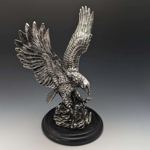 Vintage Silver Color Eagle Figurine Wooden Base