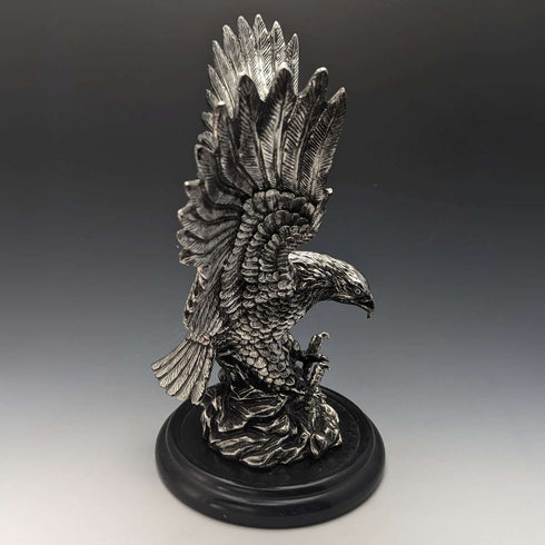 Vintage Silver Color Eagle Figurine Wooden Base