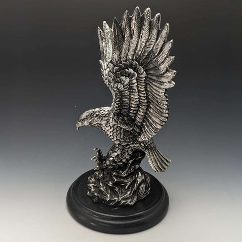 Vintage Silver Color Eagle Figurine Wooden Base