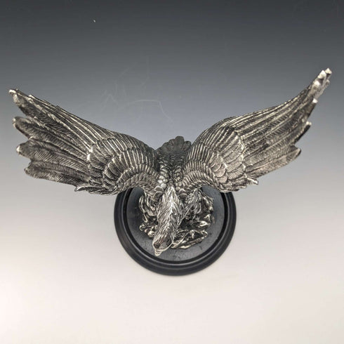 Vintage Silver Color Eagle Figurine Wooden Base