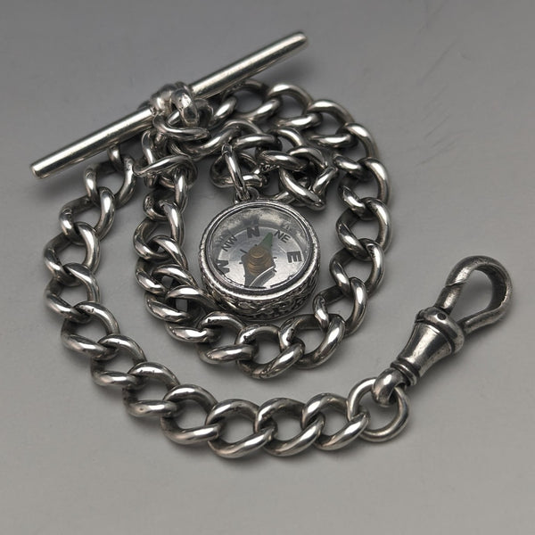 Circa 1890 British Antique Sterling Silver Albert Chain 25g Sterling Silver Compass Fob