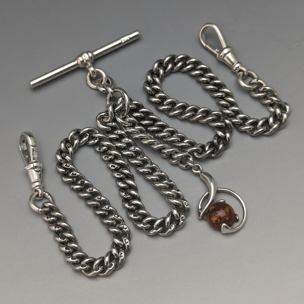 Circa 1910 British Antique Sterling Silver Double Albert Chain 37g Sterling Silver & Amber Fob