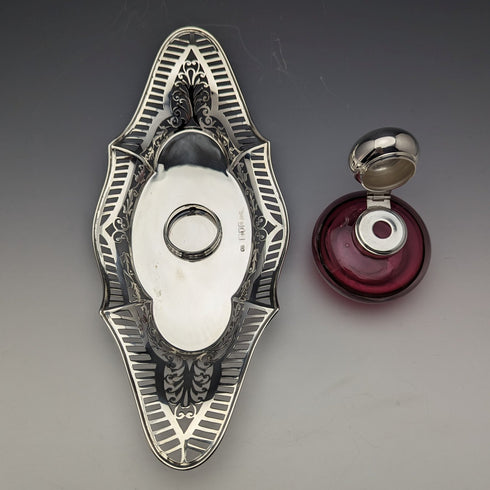 1896年 英国アンティーク 純銀製 インク壺&受け皿セット Sibray, Hall