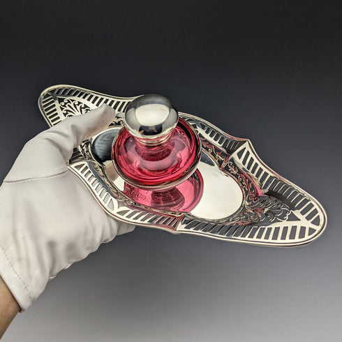 1896年 英国アンティーク 純銀製 インク壺&受け皿セット Sibray, Hall