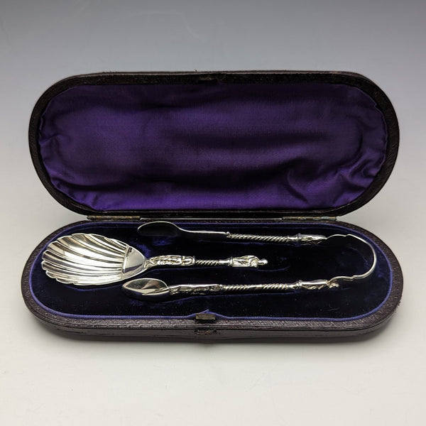 1875 British Antique Sterling Silver Tea Caddy Spoon & Tongs HENRY LIAS in Case