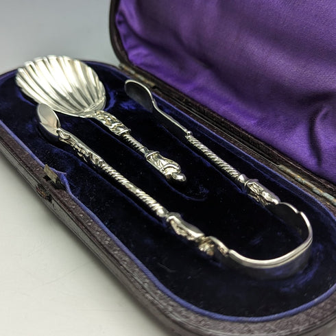 1875 British Antique Sterling Silver Tea Caddy Spoon & Tongs HENRY LIAS in Case