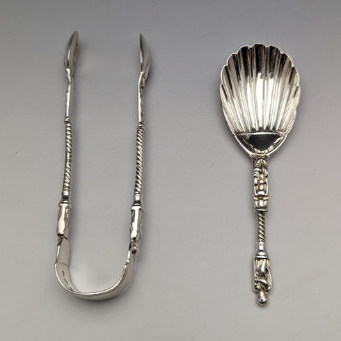 1875 British Antique Sterling Silver Tea Caddy Spoon & Tongs HENRY LIAS in Case