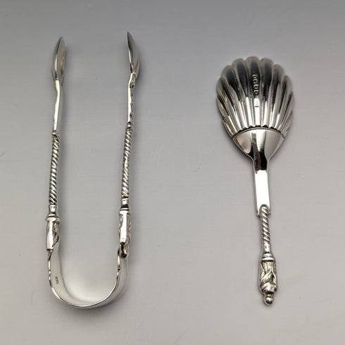 1875 British Antique Sterling Silver Tea Caddy Spoon & Tongs HENRY LIAS in Case