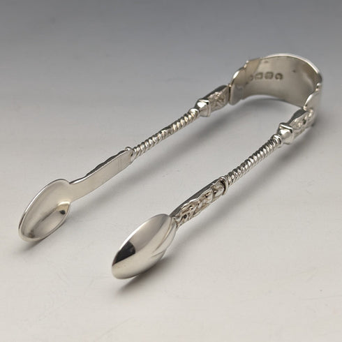 1875 British Antique Sterling Silver Tea Caddy Spoon & Tongs HENRY LIAS in Case