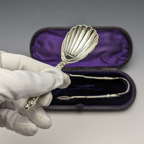 1875 British Antique Sterling Silver Tea Caddy Spoon & Tongs HENRY LIAS in Case